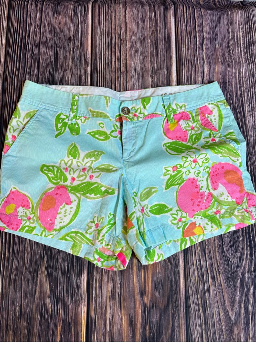 Lilly Pulitzer Aqua Shorts with Pink & Green Floral Print(0058)